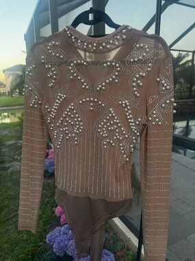 Embellished Long-Sleeve Nude/Taupe Mesh Bodysuit with Pearl & Rhinestone Detail